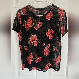 Forever 21 Black Mesh Short Sleeve Top with Red Rose Print